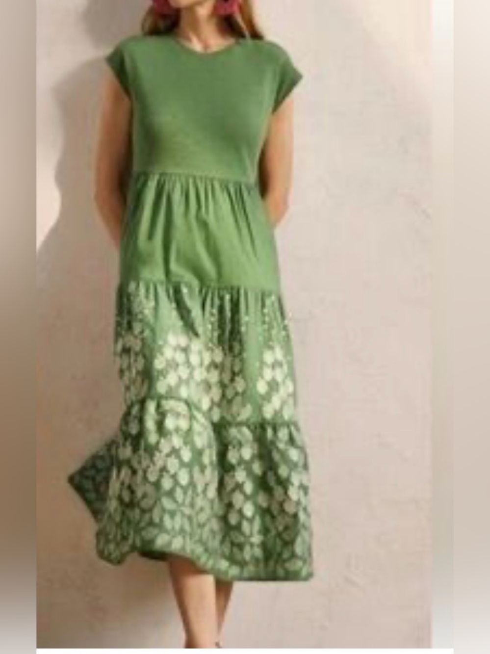 Boden Green Embroidered Tiered Midi Dress Sz US 8 100% Cotton